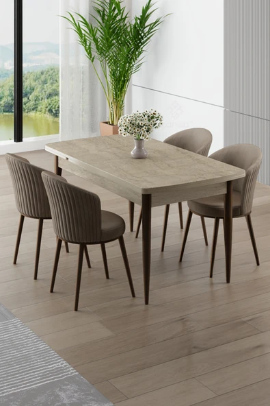 Canisa Asfel Serisi MDF 77x130 Traverten Yandan Açılabilir Mutfak Masası Takımı 4 Cappucino Sandalye ürün görseli 1