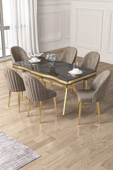 Canisa Pem Serisi 90x160 Lak Panel Antrasit İroni  Gold Ayak Masa Takımı 6 Cappucino Sandalye ürün görseli 1