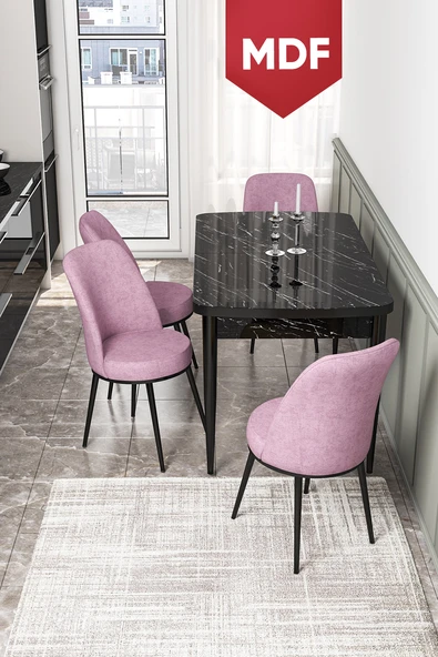 Canisa Kor Serisi 70x114 Açılabilir MDF Mutfak Masası Takımı Siyah Mermer Desen Masa 4 Pembe Sandalye ürün görseli 1