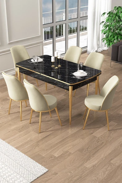 Canisa Pale Serisi 80x132 Açılabilir Siyah Mermer Desen Mutfak Masa Takımı 6 Krem Sandalye Gold Detay ürün görseli 1