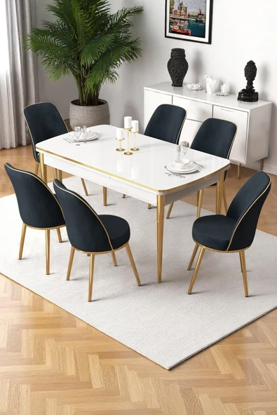 Canisa Nira Serisi 70x114 Mdf Açılabilir Beyaz Mutfak Masa Takımı 6 Antrasit Sandalye Gold Detay ürün görseli 1