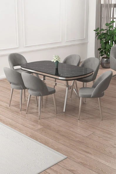Canisa Jita Serisi 90x168 Lak Panel Siyah Mermer Krom Ayak Masa Takımı ve 6 Gri Sandalye ürün görseli 1