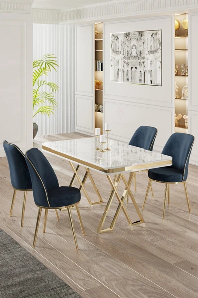 Canisa Vals Serisi 80x130 Lak Panel Beyaz Mermer Desen Masa Takımı Gold Ayaklı 4 Antrasit Sandalye ürün görseli 1