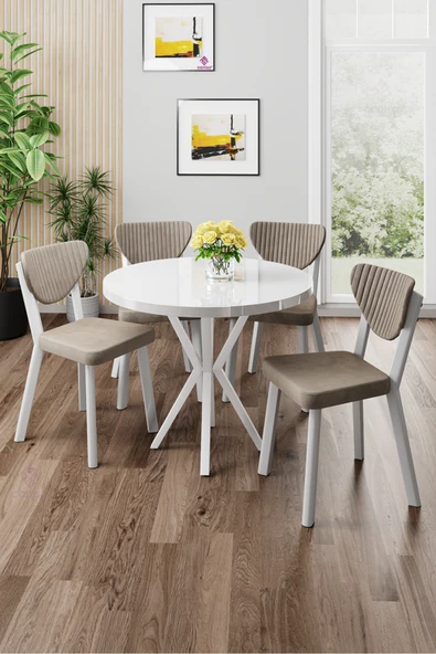 Canisa Agnes Serisi 90x90 Yuvarlak Beyaz Masa Takımı ve 4 Cappucino Sandalye ürün görseli 1