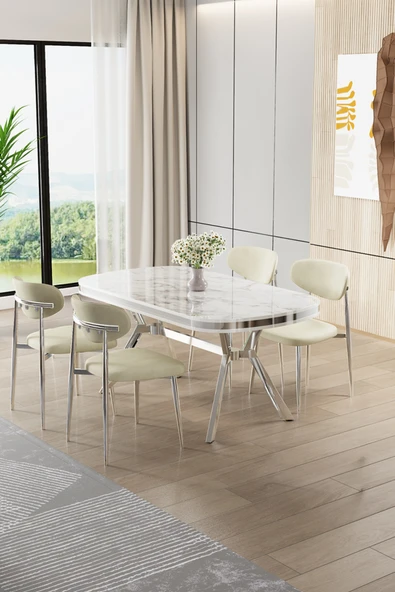 Canisa Olya Serisi 90x168 Lak Panel Beyaz Mermer Desen Masa Takımı Krom Ayaklı 4 Krem Sandalye ürün görseli 1