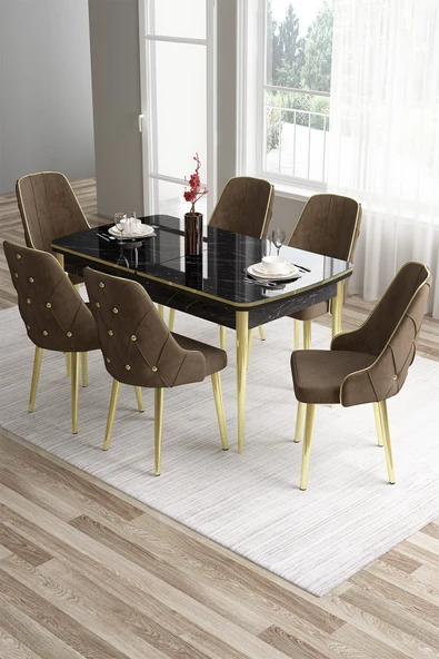 Canisa Concept Tia Serisi 80x132 Mdf Açılabilir Siyah Mermer Desen Gold Detay Masa Takımı Ve 6 Kahverengi Sandalye ürün görseli 1