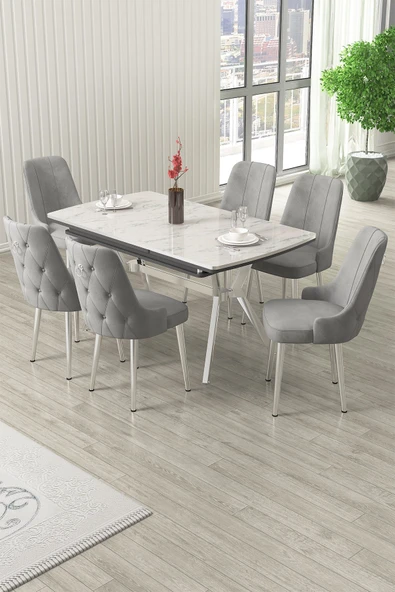 Canisa Nis Serisi 89x150 Açılabilir Lak Panel Beyaz Mermer Krom Ayak Masa Takımı ve 6 Gri Sandalye ürün görseli 1