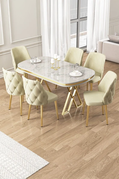 Canisa Afe Serisi 90x168 Lak Panel Beyaz Mermer Desen Gold Ayak Masa Takımı 6 Krem Sandalye ürün görseli 1