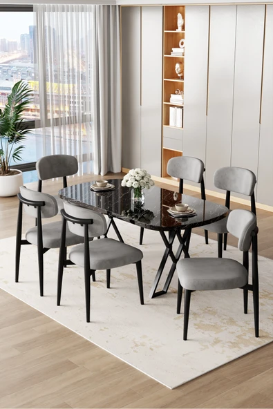 Canisa Jolin Serisi Mdf 90x168 Siyah Mermer Desen Masa Takımı 6 Gri Metal Sandalye ürün görseli 1