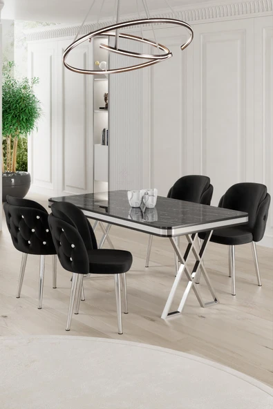 Canisa Rigel Serisi 80x130 Lak Panel Siyah Mermer Desen Masa Takımı Krom Ayaklı 4 Siyah Sandalye ürün görseli 1