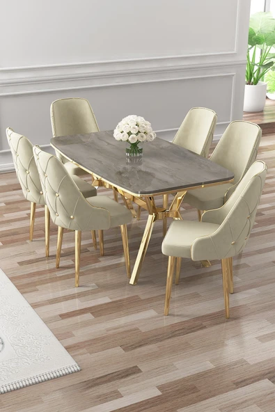 Canisa Asel Serisi 90x160 Lak Panel Antrasit İroni Gold Kaplama Ayaklı Masa Takımı ve 6 Krem Sandalye ürün görseli 1