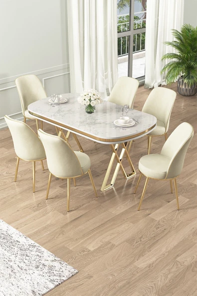 Canisa Lai Serisi 90x168 Lak Panel Beyaz Mermer Desen Gold Ayak Masa Takımı 6 Krem Sandalye ürün görseli 1