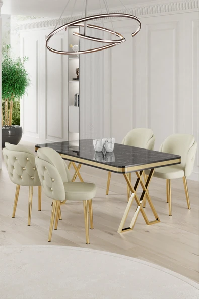 Canisa Rigel Serisi 80x130 Lak Panel Siyah Mermer Desen Masa Takımı Gold Ayaklı 4 Krem Sandalye ürün görseli 1