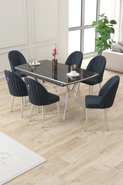 Canisa Sim Serisi 89x150 Açılabilir Lak Panel Siyah Mermer Krom Ayak Masa Takımı Ve 6 Antrasit Sandalye ürün görseli 1