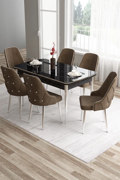 Canisa Tia Serisi 80x132 Açılabilir Mdf Siyah Mermer Krom Detay Masa Takımı Ve 6 Kahverengi Sandalye ürün görseli 1
