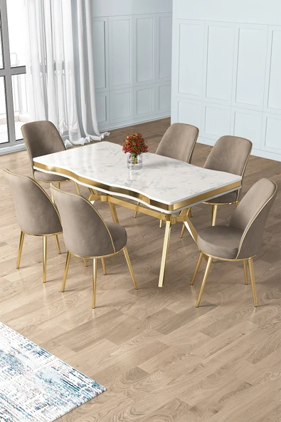 Canisa Prah Serisi 90x160 Lak Panel Beyaz Mermer Desen Gold Ayak Masa Takımı ve 6 Cappucino Sandalye ürün görseli 1