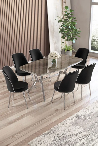 Canisa Lena Serisi 90x160 Lak Panel Antrasit İroni Krom Kaplama Ayaklı Masa Takımı ve 6 Siyah Sandalye ürün görseli 1