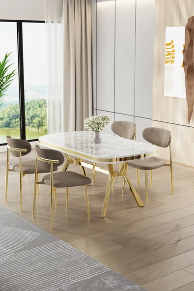 Canisa Olya Serisi 90x168 Lak Panel Beyaz Mermer Desen Masa Takımı Gold Ayaklı 4 Cappucino Sandalye ürün görseli 1