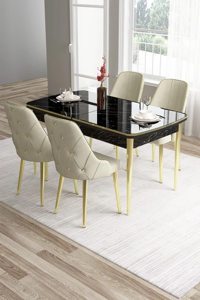 Canisa Tia Serisi 80x132 Açılabilir Mdf Siyah Mermer Desen Gold Detay Masa Takımı Ve 4 Krem Sandalye ürün görseli 1
