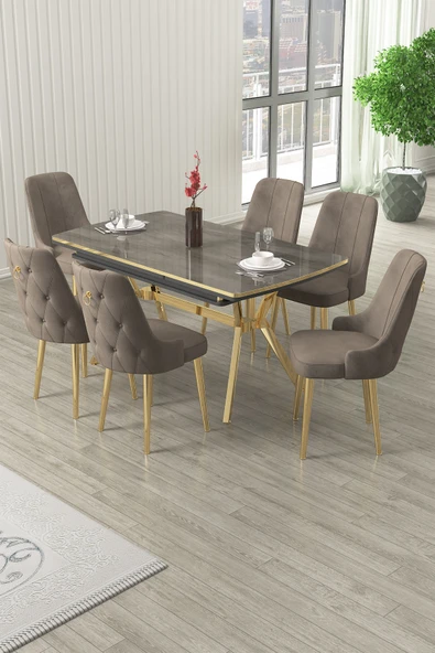 Canisa Nis Serisi 89x150 Açılabilir Lak Panel Antrasit İroni Gold Ayak Masa Takımı ve 6 Cappucino Sandalye ürün görseli 1