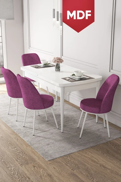 Canisa Kor Serisi 70x114 Açılabilir MDF Mutfak Masası Takımı Beyaz Masa 4 Mor Sandalye ürün görseli 1