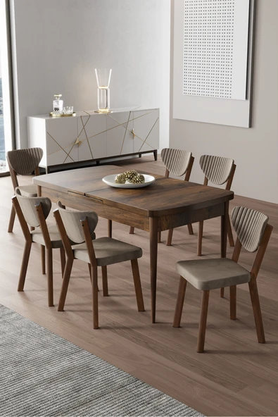 Canisa Exve Serisi 80x132 Açılabilir Barok Ahşap Desen Masa Takımı ve 6 Cappucino Sandalye ürün görseli 1
