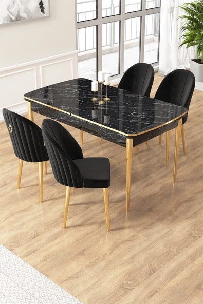 Canisa Edaf Serisi 80x132 Açılabilir Siyah Mermer Desen Mutfak Masa Takımı 4 Siyah Sandalye Gold Detay ürün görseli 1