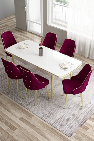 Canisa Tia Serisi, Siyah Mermer Desen 80x132 Açılabilir Mdf Yemek Odası Takımı 6 Mürdüm Sandalye Gold Detay ürün görseli 1