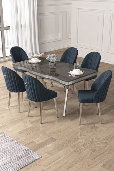 Canisa Pem Serisi 90x160 Lak Panel Antrasit İroni Krom Ayak  Masa Takımı 6 Antrasit Sandalye ürün görseli 1