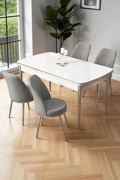 Canisa Nira Serisi 70x114 Mdf Açılabilir Beyaz Mutfak Masa Takımı 4 Gri Sandalye Krom Detay ürün görseli 1