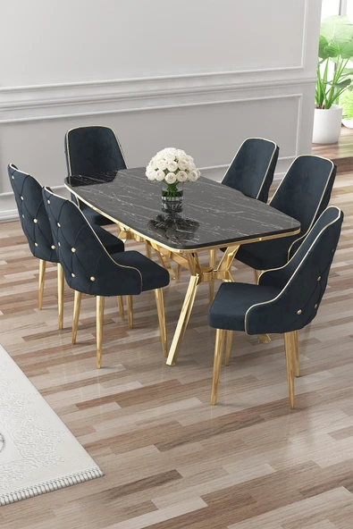 Canisa Asel Serisi 90x160 Lak Panel Siyah Mermer Desen Gold Detay Masa Takımı ve 6 Antrasit Sandalye ürün görseli 1
