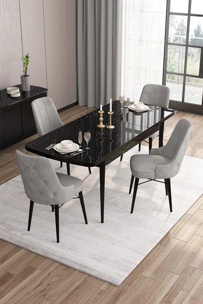 Canisa Concept Are Serisi 80x132 Açılabilir Siyah Mermer Desen Masa Takımı 4 Gri Sandalye ürün görseli 1