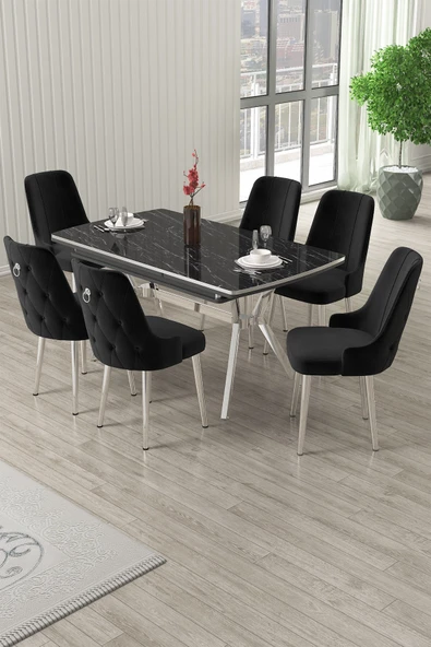 Canisa Nis Serisi 89x150 Açılabilir Lak Panel Siyah Mermer Krom Ayak Masa Takımı ve 6 Siyah Sandalye ürün görseli 1