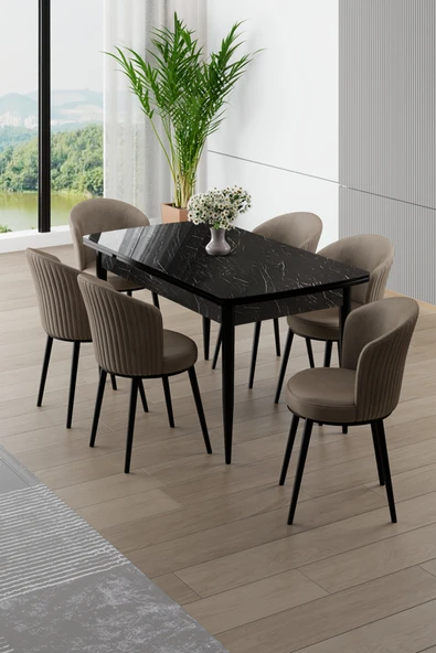 Canisa Asfel Serisi MDF 77x130 Siyah Mermer Desen Yandan Açılabilir Mutfak Masa Takımı 6 Cappucino Sandalye ürün görseli 1