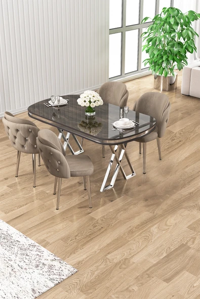 Canisa Zae Serisi 90x168 Lak Panel Antrasit Ironi Krom Ayak Masa Takımı 4 Cappucino Sandalye ürün görseli 1