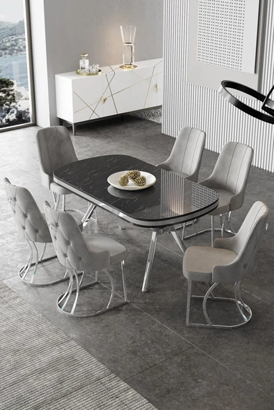Canisa Epal Serisi 90x168 Lak Panel Siyah Mermer Desen Krom Ayaklı Masa Takımı ve 6 Gri Sandalye ürün görseli 1