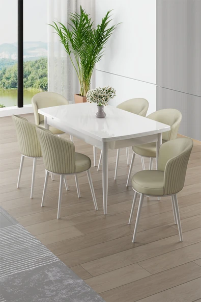 Canisa Asfel Serisi MDF 77x130 Beyaz Yandan Açılabilir Mutfak Masası Takımı 6 Krem Sandalye ürün görseli 1
