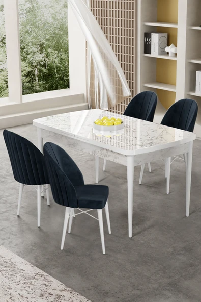 Canisa Gale Serisi 80x132 Açılabilir Lak Panel Beyaz Mermer Desen Mutfak Masa Takımı 4 Antrasit Sandalye ürün görseli 1