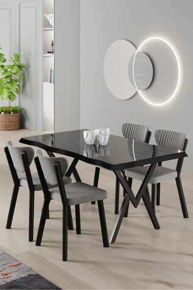 Canisa Akort Serisi MDF Sabit 80x130 Siyah Mermer Desen Mutfak Masası Takımı 4 Gri Sandalye ürün görseli 1