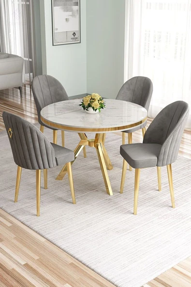 Canisa Mos Serisi 90x90 Lak Panel Beyaz Mermer Desen Gold Kaplama Mutfak Masası Takımı Ve 4 Gri Sandalye ürün görseli 1