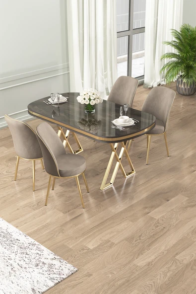 Canisa Lai Serisi 90x168 Lak Panel Antrasit İroni Masa ve 4 Cappucino Sandalye Gold Kaplama Ayak ürün görseli 1