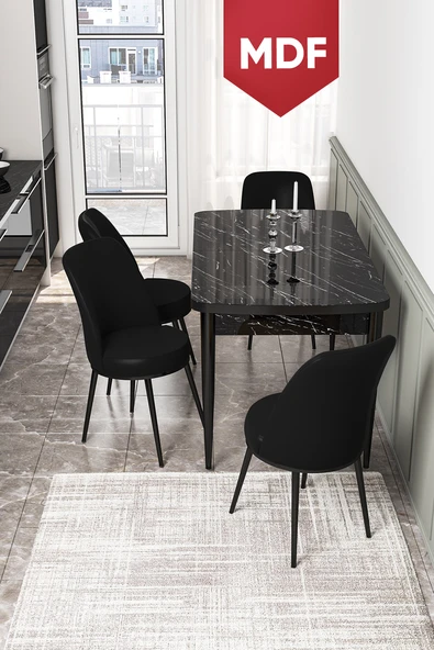 Canisa Kor Serisi 70x114 Açılabilir MDF Mutfak Masası Takımı Siyah Mermer Desen Masa 4 Siyah Sandalye ürün görseli 1