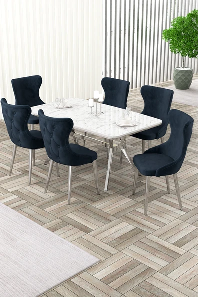 Canisa Esla Serisi 90x160 Lak Panel Beyaz Mermer Desen Krom Ayaklı Masa Takımı ve 6 Antrasit Sandalye ürün görseli 1