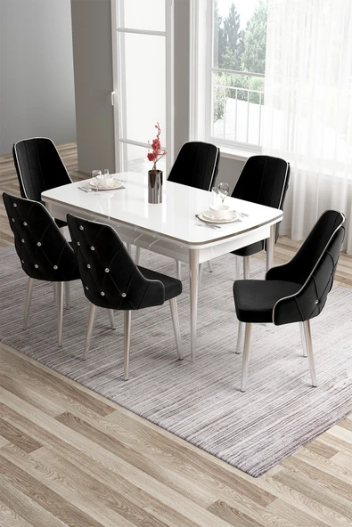 Canisa Tia Serisi 80x132 Açılabilir Mdf Beyaz Krom Detay Mutfak Masa Takımı Ve 6 Siyah Sandalye ürün görseli 1