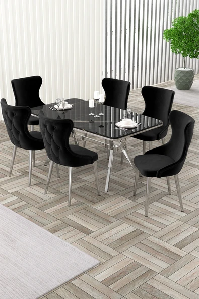 Canisa Esla Serisi 90x160 Lak Panel Sonata Krom Kaplama Ayaklı Masa Takımı ,6 Siyah Sandalye ürün görseli 1