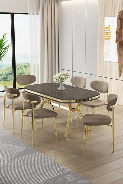 Canisa Olya Serisi 90x168 Lak Panel Antrasit İroni Masa Takımı Gold Ayaklı 6 Cappucino Sandalye ürün görseli 1