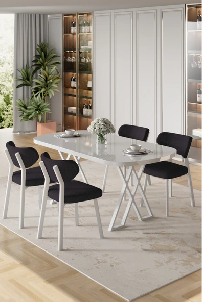 Canisa Axton Serisi Sabit Mdf 90x168 Beyaz Mutfak Masa Takımı 4 Siyah Sandalye ürün görseli 1