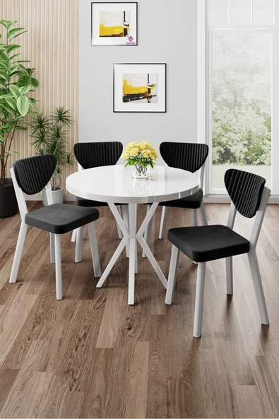 Canisa Agnes Serisi 90x90 Yuvarlak Beyaz Masa Takımı ve 4 Siyah Sandalye ürün görseli 1