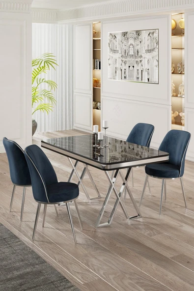 Canisa Vals Serisi 80x130 Lak Panel Siyah Mermer Desen Masa Takımı Krom Ayaklı 4 Antrasit Sandalye ürün görseli 1