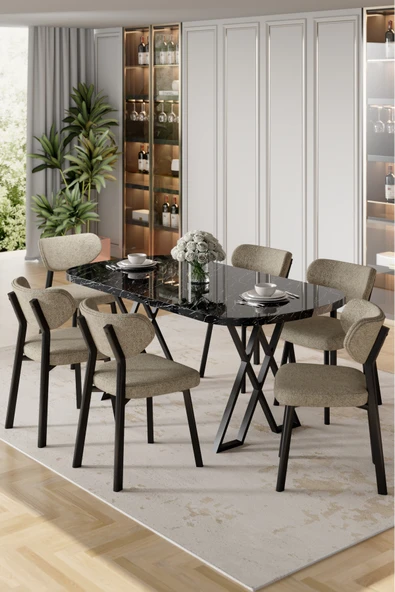 Canisa Axton Serisi Sabit Mdf 90x168 Siyah Mermer Desen Mutfak Masa Takımı 6 Cappucino Sandalye ürün görseli 1